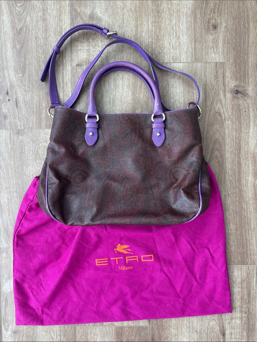 Etro Brown Leather Tote with Purple Handles and Trim. Classic paisely w/strap